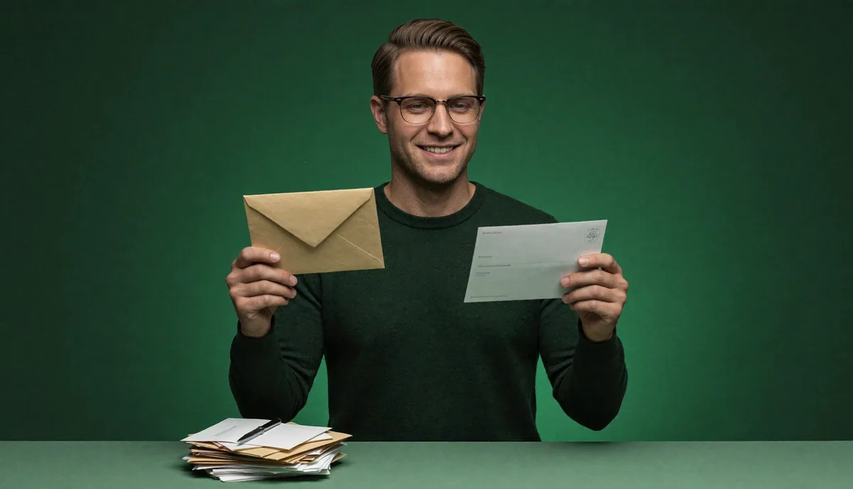 Mark, Auphere's presenter, smiling with an envelope and a letter in his hands