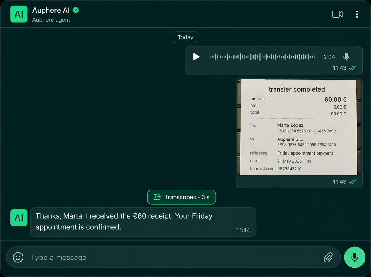 Screenshot · voice note transcribed and answered